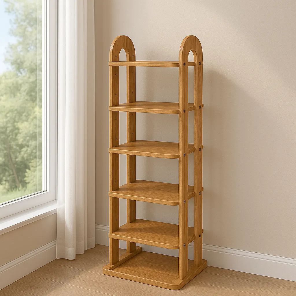 Tall Oak Shoe Shelf With Rounded Corners And Six Tiers
