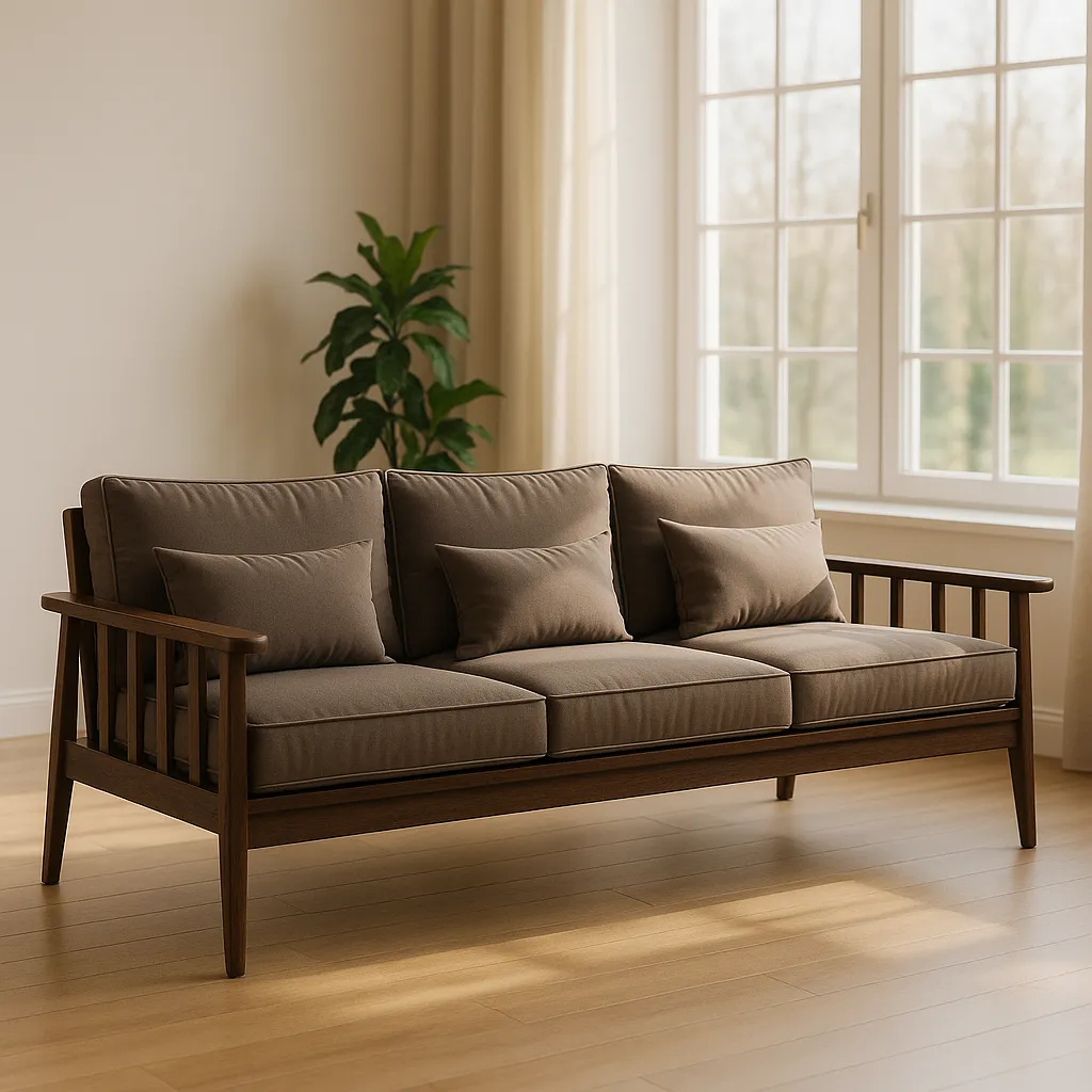 Walnut Wooden Sofa With Cushioned Seat And Slatted Armrest Design