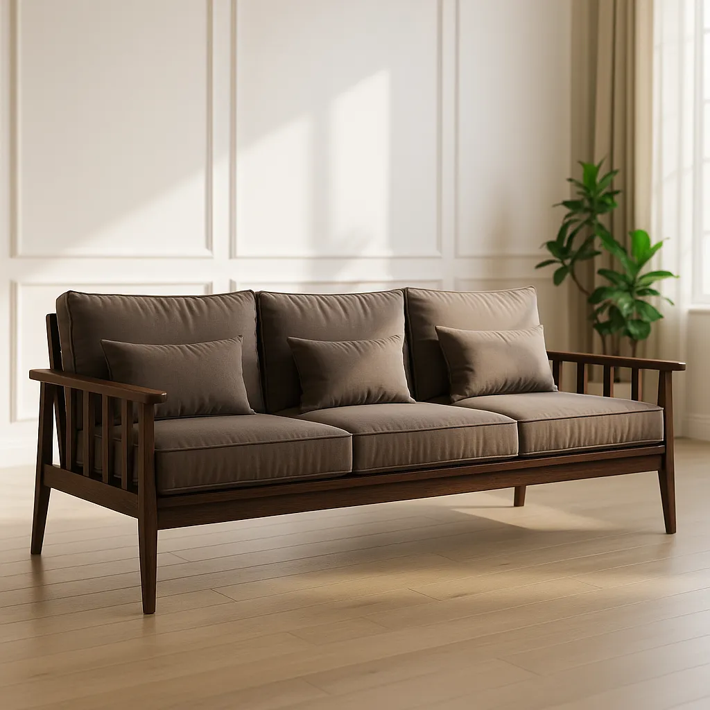 Walnut Wooden Sofa With Cushioned Seat And Slatted Armrest Design