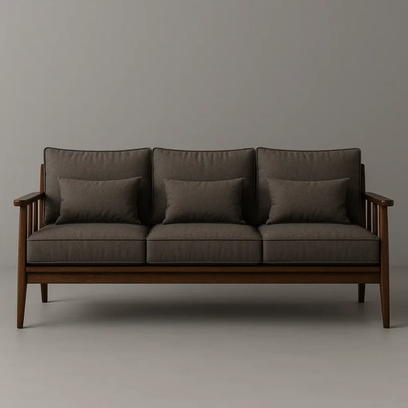 Walnut Wooden Sofa With Cushioned Seat And Slatted Armrest Design